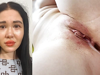 Bashful dark-hued-haired teen teenager gets her taut fuckholes laid waste rock-hard until she's soaked in jism on rub-down the couch